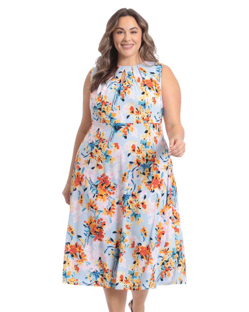 Front of a model wearing a size 14W Watercolor floral pleated keyhole neck fit and flare midi dress in Blue/Orang by London Times. | dia_product_style_image_id:268557